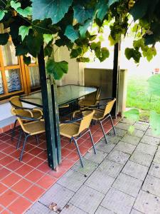 une table et des chaises sur une terrasse sous un arbre dans l'établissement Extraordinary apartment in Terme Banovci spa resort, à Veržej