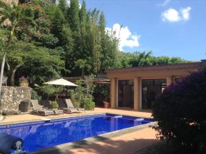 a swimming pool in a yard with chairs and an umbrella at Casa Alamillo Hotel Boutique in Malinalco