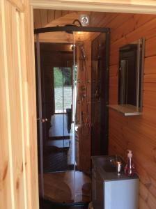 a bathroom with a shower and a sink in a room at POD des deux chênes in Louroux-Hodement