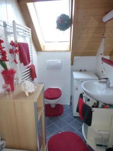 a bathroom with a sink and a toilet and a window at Studio Orchidee in Weißig
