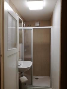 ein Bad mit einer Dusche und einem Waschbecken in der Unterkunft Haus Tonelehof in Dellach im Drautal