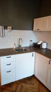 a kitchen with white cabinets and a sink at Apartment Úvoz Street 64 in Brno