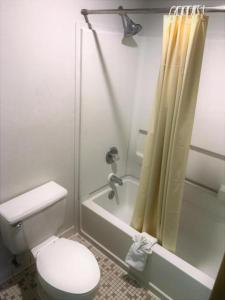 a white bathroom with a toilet and a shower at American Motel in Wheat Ridge