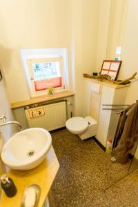 a bathroom with a sink and a toilet and a window at finkeshaus in Lüdinghausen