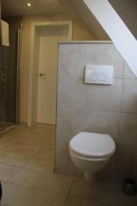 a bathroom with a white toilet in a room at Bella la vita in Schopfloch