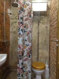 y baño con aseo y cortina de ducha. en Kirsimäe Maja en Viljandi