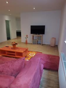 a living room with a pink couch and a flat screen tv at Wohnen im Souterrain einer Villa in Herdecke