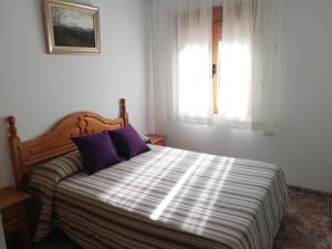 アロヨ・フリオにあるCasa Aliciaのベッドルーム1室(紫色の枕が付くベッド1台、窓付)