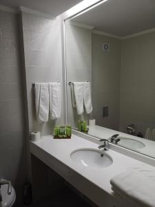 baño con lavabo y espejo grande en Parish Hotel, en Svilengrad