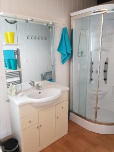 a bathroom with a sink and a shower at Lake Dathee Lodge in Vire