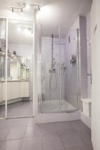 ein Bad mit einer Dusche und einer Glastür in der Unterkunft Le Célestay in Villeurbanne