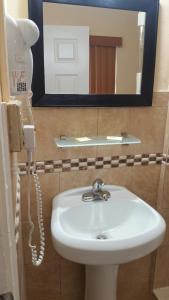 a bathroom with a sink and a mirror and a phone at Palms Inn in Dania Beach