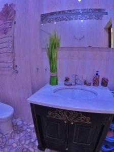 a bathroom with a sink with a vase of grass at Apartment on Dragomirova in Kyiv
