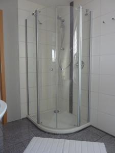 a shower with a glass door in a bathroom at Ferienwohnung Meer&mehr in Mulsum