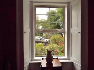 a cat sitting on a table looking out of a window at The Portland Hotel in Lybster