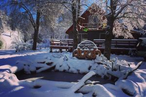 拉斯特朗卡斯Duub Hostel的一座被雪覆盖的花园,后方是一座房子