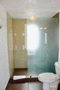 a bathroom with a toilet and a glass shower at Casa Toscana Bed & Breakfast in San Miguel de Allende