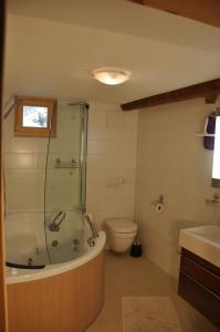 een badkamer met een douche, een bad en een toilet bij Attika Wohnung 7546 Ardez in Ardez