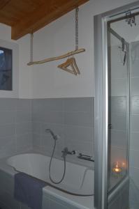 SuravaにあるFerienwohnung Albula im Herzen Graubündensのバスルーム(バスタブ、シャワー付)