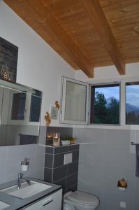 SuravaにあるFerienwohnung Albula im Herzen Graubündensのバスルーム(トイレ、洗面台付)、窓2つが備わります。