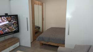 um quarto com uma cama e uma TV de tela plana em Apt.Jana ,apt.Terezka em Stožec