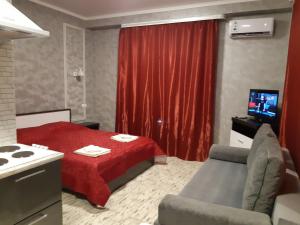 アドレルにあるApartment on Tyulpanovの赤いベッドとテレビが備わるホテルルームです。