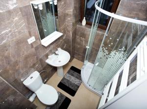 a bathroom with a toilet and a sink and a shower at At Home in Iaşi