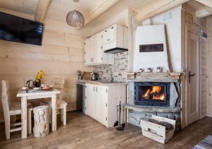 a kitchen with a fireplace in a log cabin at Chata Przy Dolinie z sauną in Kościelisko