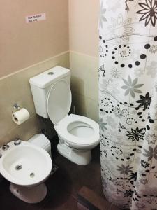 a bathroom with a toilet and a shower curtain at Italia Inn Hostel in San Carlos de Bariloche