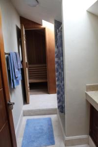 a bathroom with a shower, sink, and mirror at Puerta del Mar Cozumel in Banco Playa