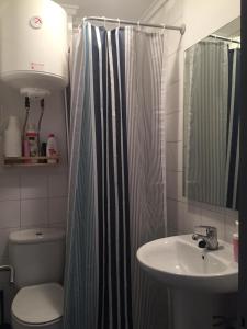 瓦倫西亞的住宿－Santos Studio 2，浴室配有淋浴帘和盥洗盆。