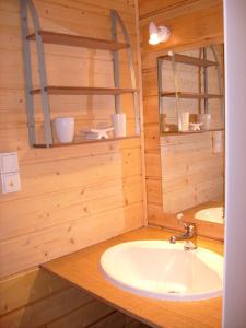 un bagno con lavandino in una camera in legno di Gîte meublé Les Centaurées a Saint-Martin-en-Vercors