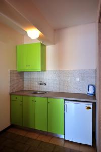una cocina con armarios verdes y fregadero en vassilias beach hotel en Vassilias