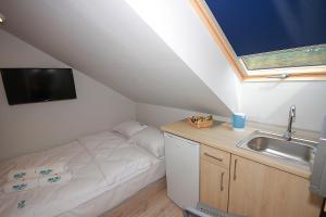 a small room with a bed and a sink at Willa Park Apartamenty in Olsztyn