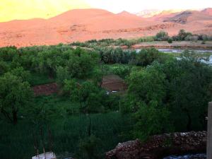 een uitzicht op een veld met bomen en bergen bij Dar Bilal in Aït Ben Haddou