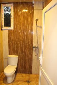 a bathroom with a toilet and a shower at Guest House Daviti in Zestafoni