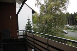 a balcony with a view of a tree and a street at Ferienwohnung Baum in Winterberg in Winterberg