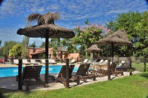 a group of chairs and umbrellas next to a pool at Cabañas del Ysyry in Colón