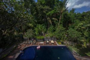 an overhead view of a swimming pool in a garden at Dewangga Ubud in Ubud