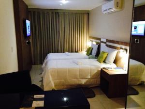 Una habitación de hotel con una cama grande y un televisor. en flat no setor hoteleiro Norte wi-fi rápido, en Brasilia