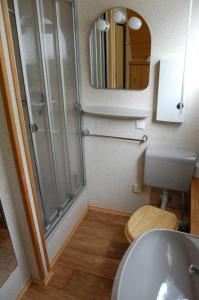 y baño con ducha y lavamanos. en Ferienhaus mit Seeblick en Waldkirchen