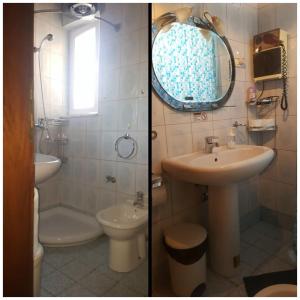 2 fotos de un baño con lavabo y aseo en Elisabet Tirana, en Tirana