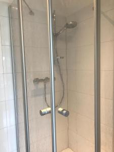a shower with a glass door in a bathroom at Haus Madita in Breitnau