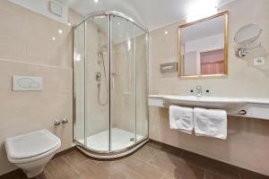 ein Bad mit einer Dusche, einem WC und einem Waschbecken in der Unterkunft Gasthof Hotel Hauslwirt in Golling an der Salzach