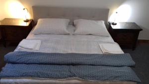 a bedroom with a large bed with two night stands at Apartment v historickom centre in Bardejov