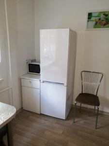 Il comprend une cuisine équipée d'un réfrigérateur blanc et d'une chaise. dans l'établissement Tėjos guest house, à Šiauliai