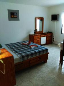 um quarto com uma cama, uma cómoda e um espelho em Casa Picadilly em Boca Chica