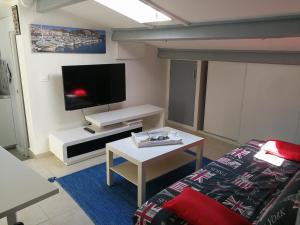 Televízia a/alebo spoločenská miestnosť v ubytovaní petite maison dans le parc national des calanques