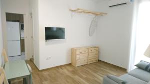 uma sala de estar com um sofá e uma televisão na parede em ApartamentosMalaga em Málaga