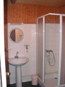 a bathroom with a sink and a shower at Le Puy Babin chambres familiales à la ferme in Saint-Mathurin